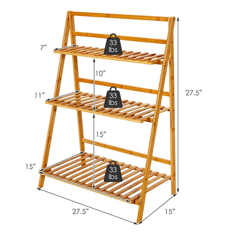 Estantería plegable de bambú de 3 niveles para plantas con estante de exhibición - Natural