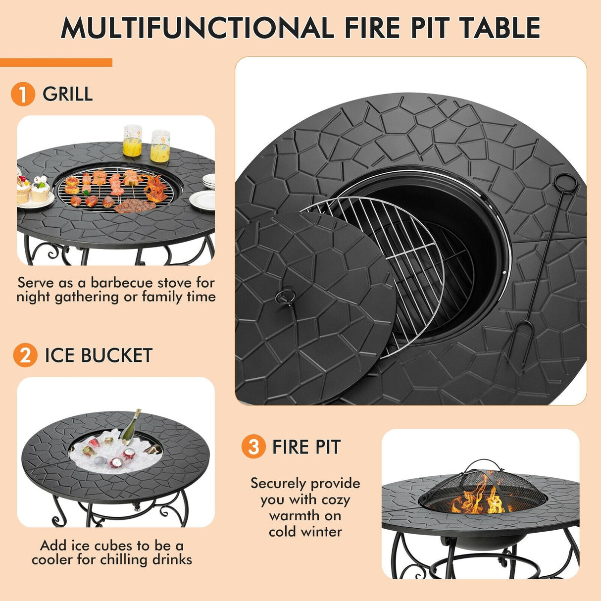 Mesa de comedor con brasero de patio de 35.5 pies con parrilla para barbacoa