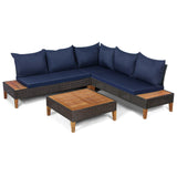 Juego de muebles de ratán acolchados para patio de 4 piezas con mesa auxiliar de madera