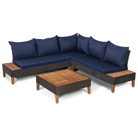 Juego de muebles de ratán acolchados para patio de 4 piezas con mesa auxiliar de madera