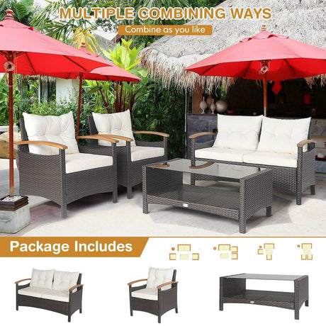 Juego de muebles de patio de ratán de 4 piezas con sofá acolchado y mesa de almacenamiento