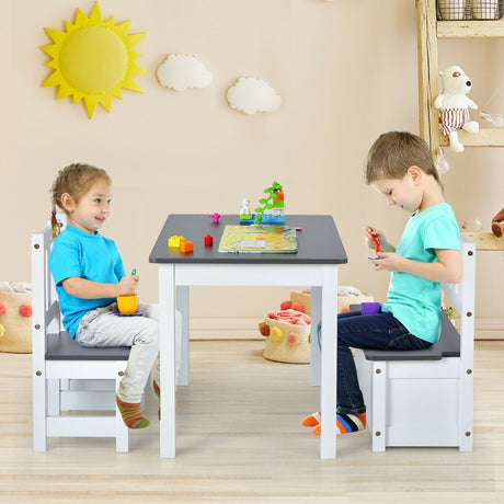 4 Pieces Kids Wooden Activity Table and Chairs Set with Storage Bench and Study Desk