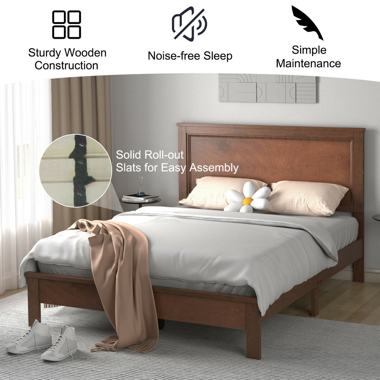 Base de cama de plataforma de tamaño matrimonial con somier de listones y cabecero alto