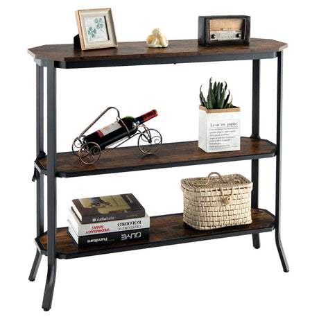Mesa consola de sofá de entrada de 3 niveles con estructura de acero para pasillo y sala de estar-Marrón rústico
