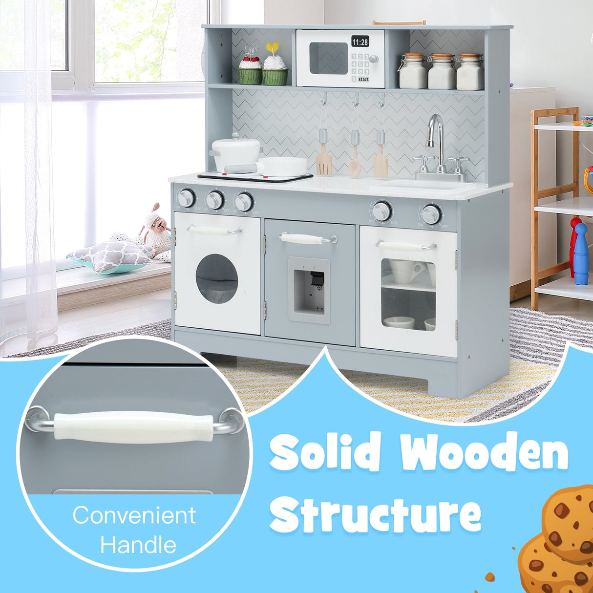 Juego de cocina de juguete de madera para niños con luces y sonidos realistas