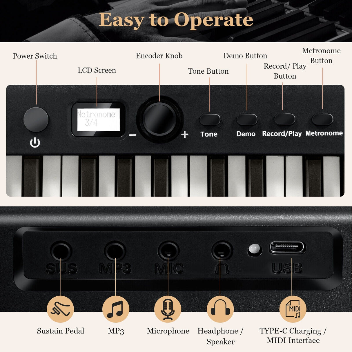 Piano eléctrico plegable de 88 teclas con luces, teclado portátil de tamaño completo MIDI