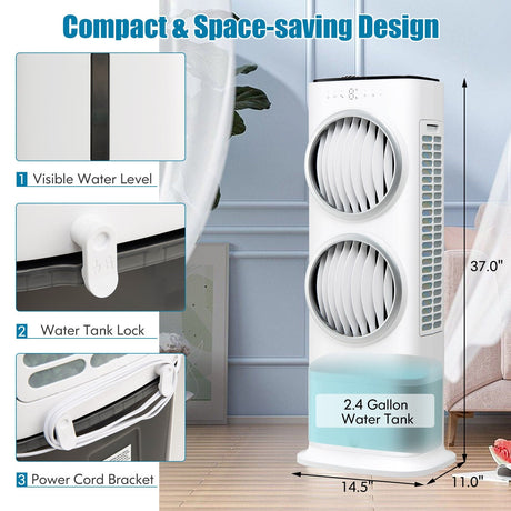 Enfriador de Aire Evaporativo 3 en 1 con Temporizador de 9H y Control Remoto - Blanco