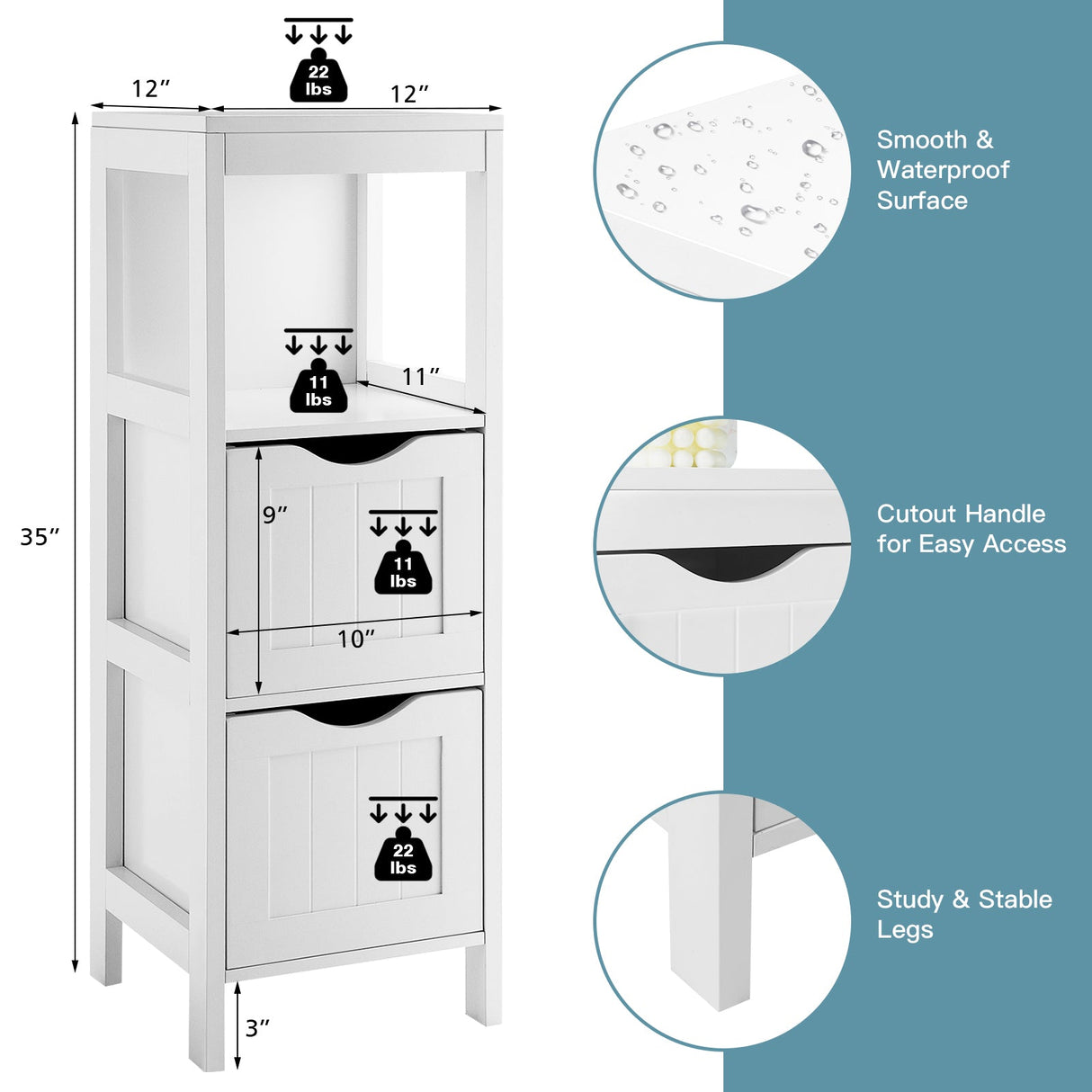 Mueble de almacenamiento independiente con 2 cajones extraíbles para baño