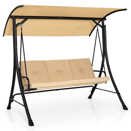 Columpio de Porche Exterior de 3 Asientos con Toldo Ajustable y Cojines Acolchados