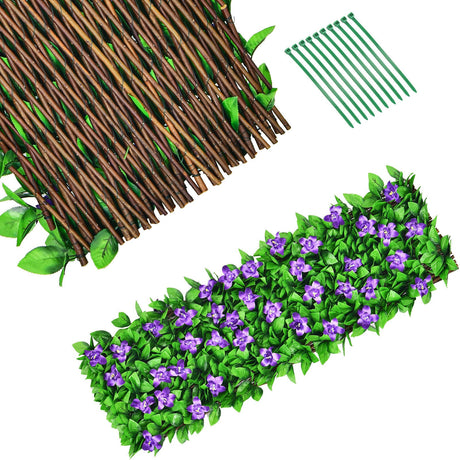 4 Pieces Expandable Faux Ivy Privacy Screen Fence Panel Pack with Flower