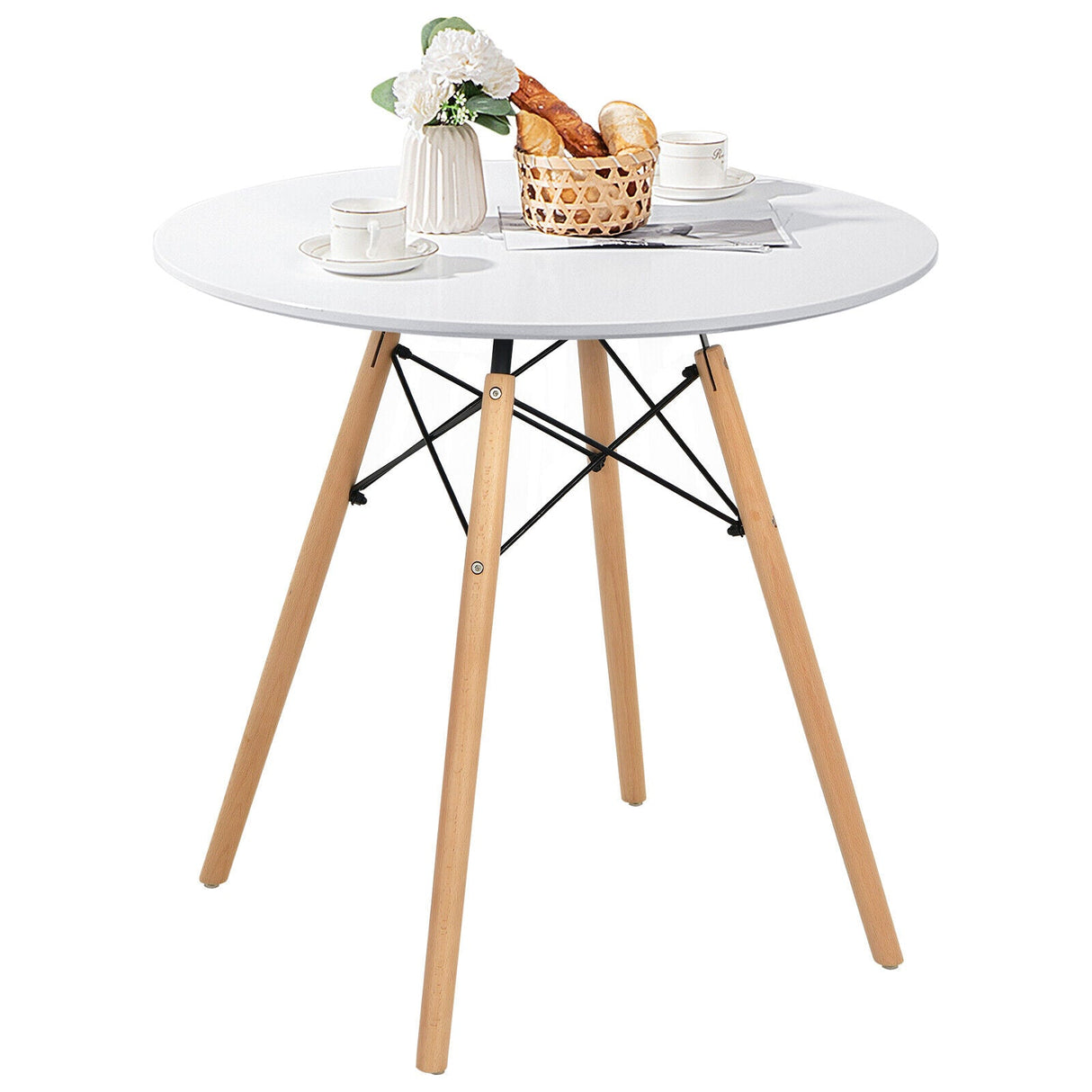 Mesa de comedor redonda moderna con pata de madera maciza - Blanca