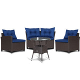 4 Pieces Patio Rattan Furniture Set Cushioned Sofa Glass Table