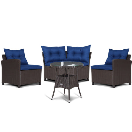 Juego de muebles de patio de ratán de 4 piezas con cojines para sofá y mesa de cristal