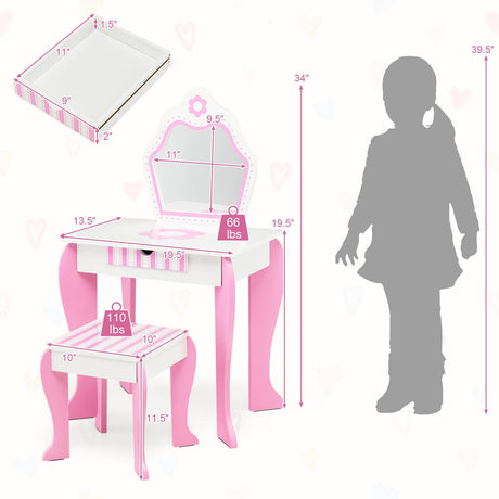 Set de tocador 2 en 1 para niños pequeños con tapa desmontable y bonitos estampados de flores - Blanco