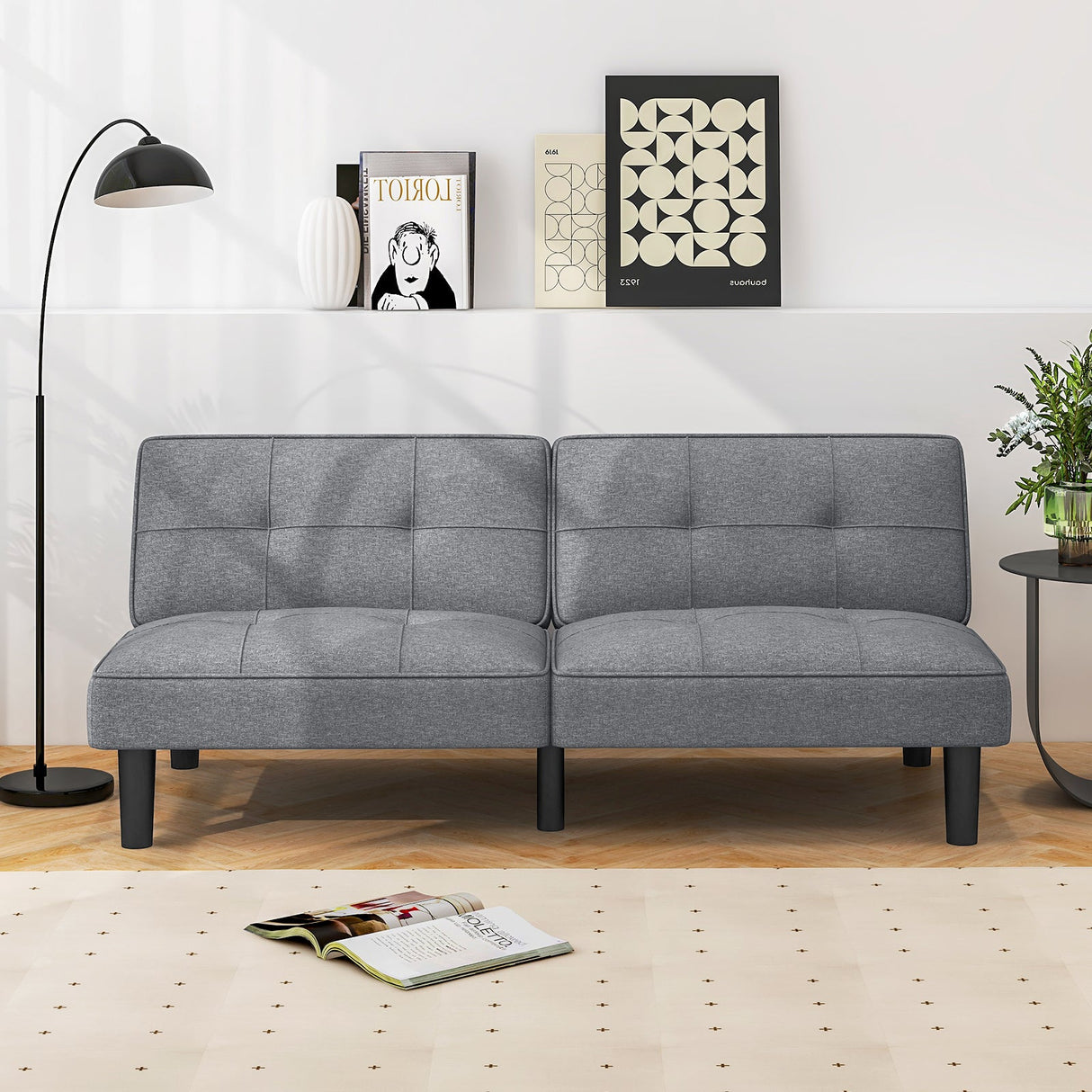 Sofá Cama Plegable Convertible Tipo Futón con Respaldo Ajustable en 6 Posiciones-Gris