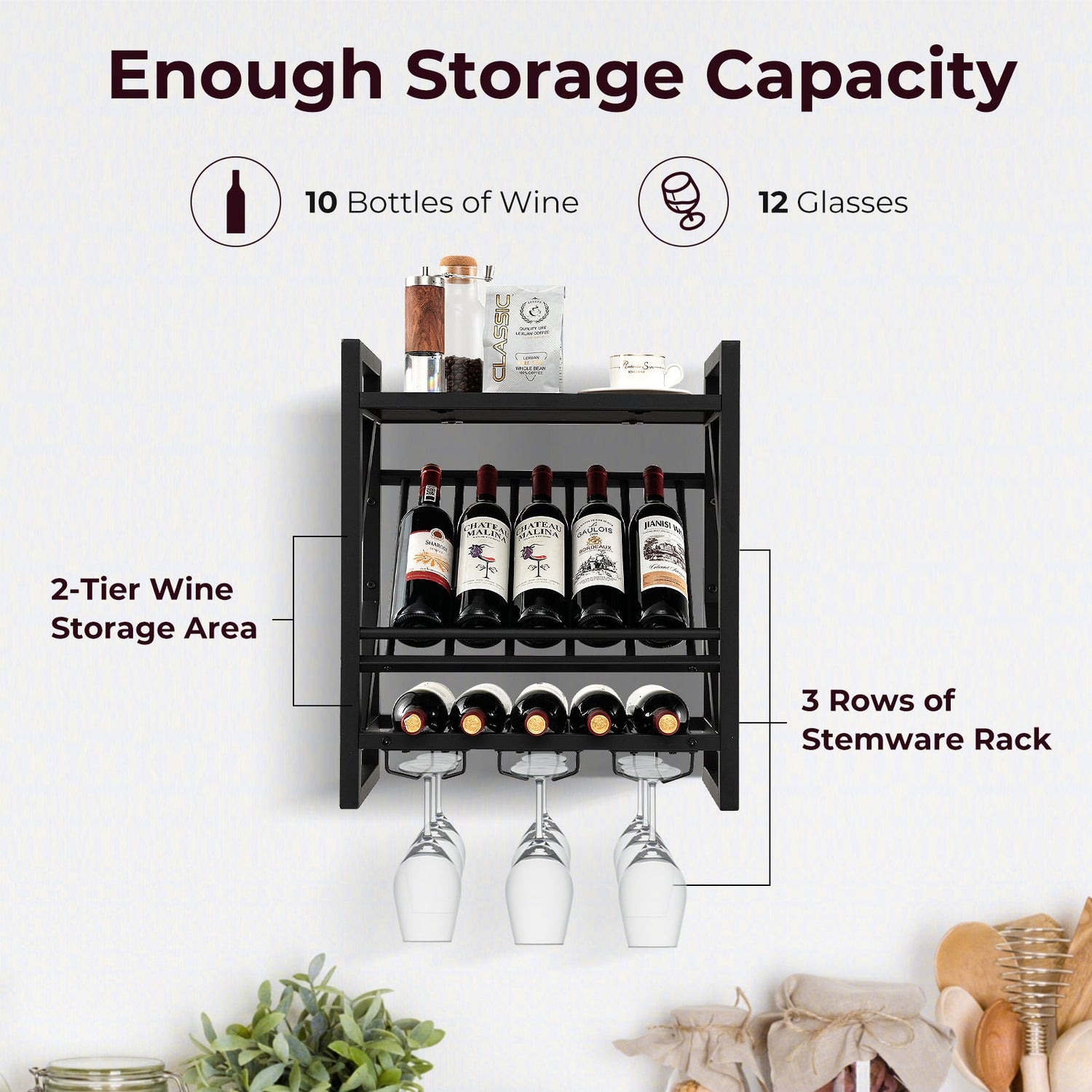 Botellero de pared para 10 botellas con soporte para copas