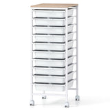 10-Drawer Rolling Storage Cart Mobile Utility Organizer with Wooden Tabletop and Lockable Wheels