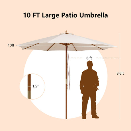 Sombrilla de Patio de 3 Metros con 8 Varillas de Madera y 3 Alturas Ajustables
