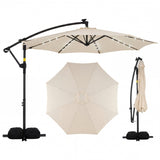 10 Feet Solar Offset Hanging Umbrella with Base and 32 LED Lights