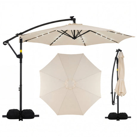 Sombrilla Colgante Solar de 10 Pies con Base y 32 Luces LED