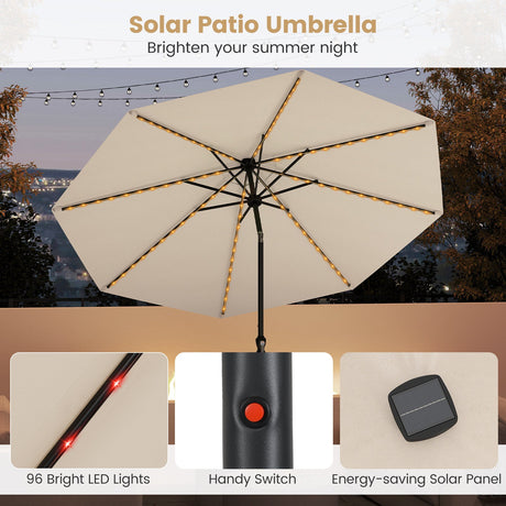 Sombrilla solar de patio de 3 metros con 96 luces LED multicolores y ajuste de inclinación