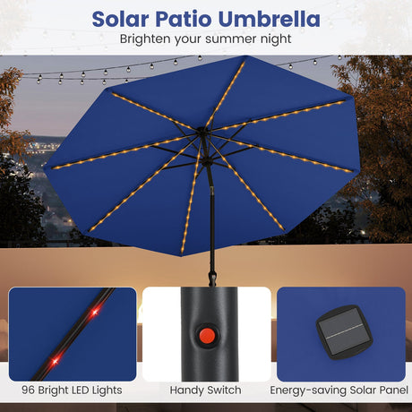 Sombrilla solar de patio de 3 metros con 96 luces LED multicolores y ajuste de inclinación