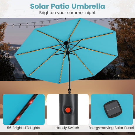 Sombrilla solar de patio de 3 metros con 96 luces LED multicolores y ajuste de inclinación