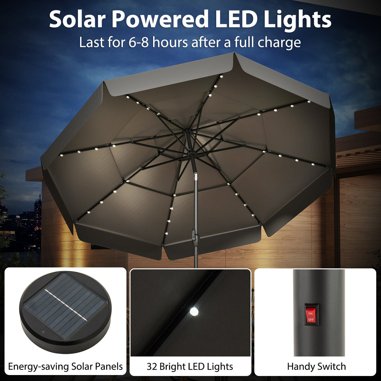 Sombrilla de patio solar de 10 pies con parte superior ventilada de 3 niveles