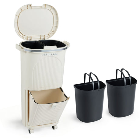 Bote de basura de cocina de 10 galones de doble capa con tapa y 2 cubos extraíbles - Beige