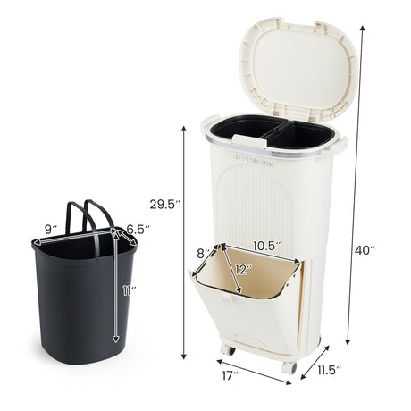 Bote de basura de cocina de 10 galones de doble capa con tapa y 2 cubos extraíbles - Beige