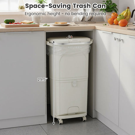 Bote de basura de cocina de 10 galones de doble capa con tapa y 2 cubos extraíbles - Beige