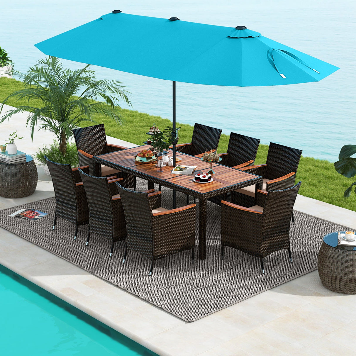 Juego de comedor para exteriores de 10 piezas con sombrilla doble de patio de 4.5 metros