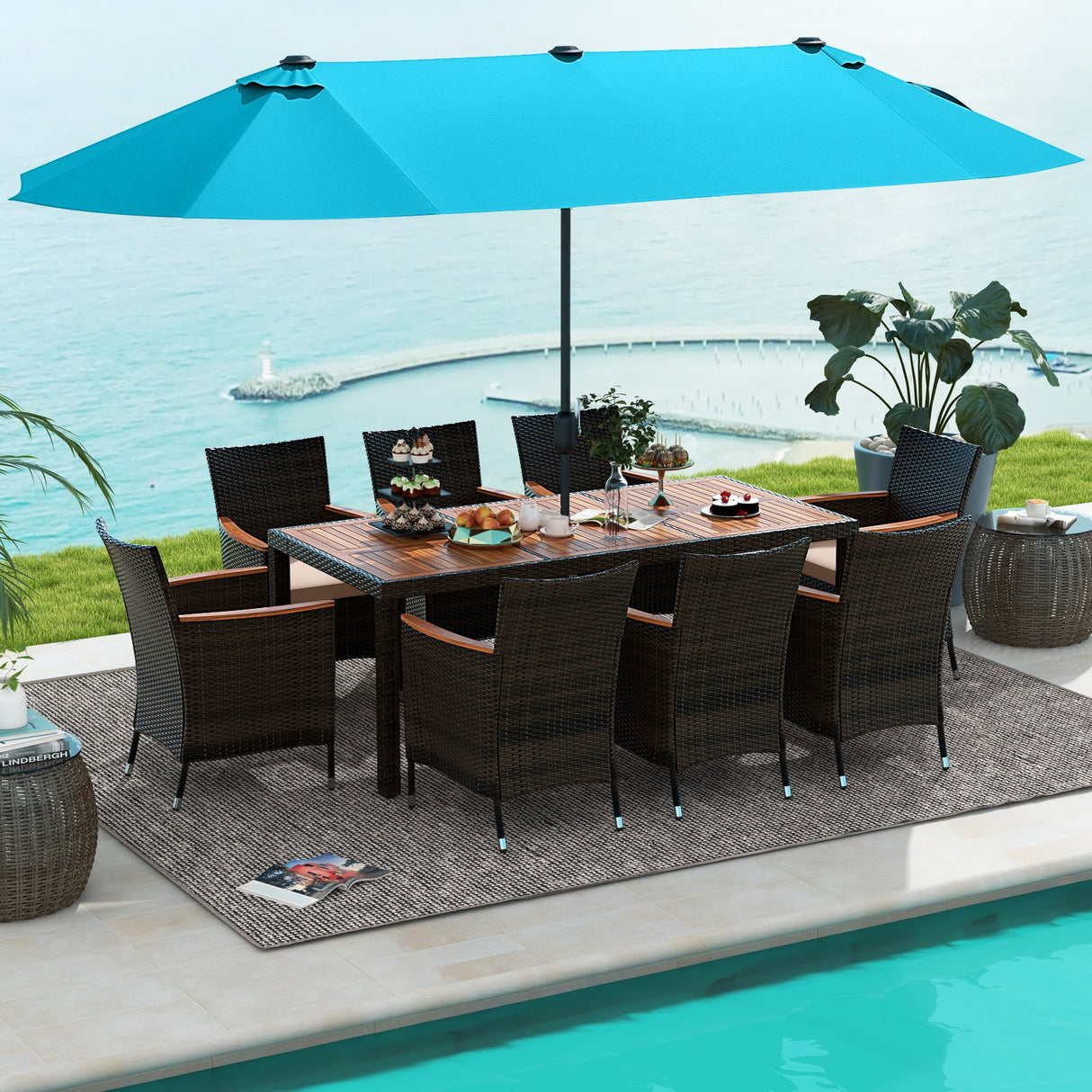 Juego de comedor para exteriores de 10 piezas con sombrilla doble de patio de 4.5 metros