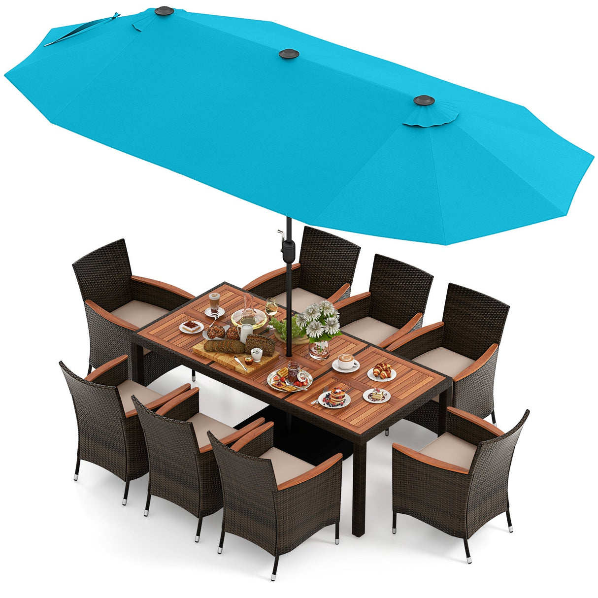Juego de comedor para exteriores de 10 piezas con sombrilla doble de patio de 4.5 metros