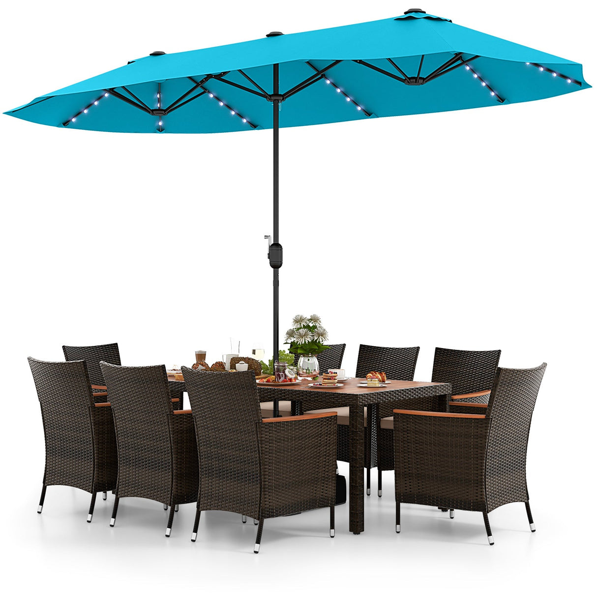 Juego de comedor para exteriores de 10 piezas con sombrilla doble de patio de 4.5 metros