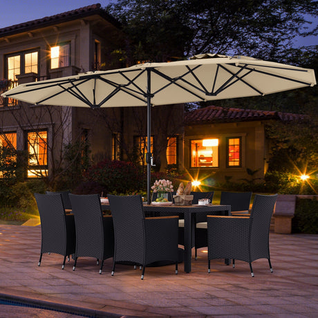 Juego de comedor para exteriores de 10 piezas con sombrilla doble de 4.5 metros