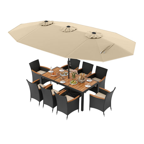 Juego de comedor para exteriores de 10 piezas con sombrilla doble de 4.5 metros
