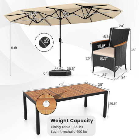Juego de comedor para exteriores de 10 piezas con sombrilla doble de 4.5 metros