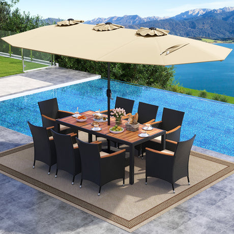 Juego de comedor para exteriores de 10 piezas con sombrilla doble de 4.5 metros