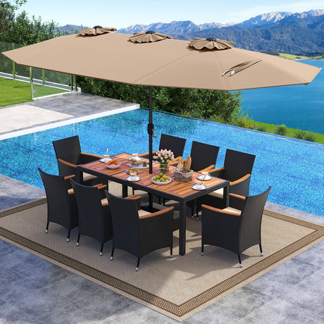 Juego de comedor para exteriores de 10 piezas con sombrilla doble de 4.5 metros