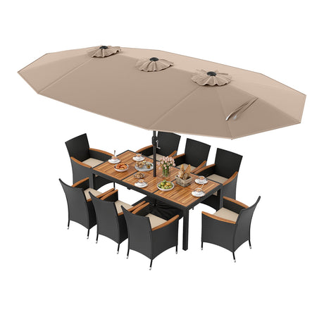 Juego de comedor para exteriores de 10 piezas con sombrilla doble de 4.5 metros