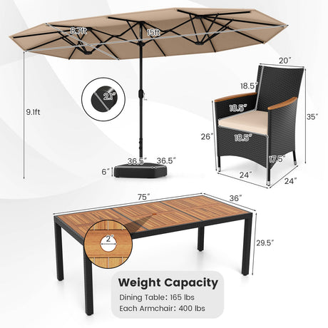 Juego de comedor para exteriores de 10 piezas con sombrilla doble de 4.5 metros