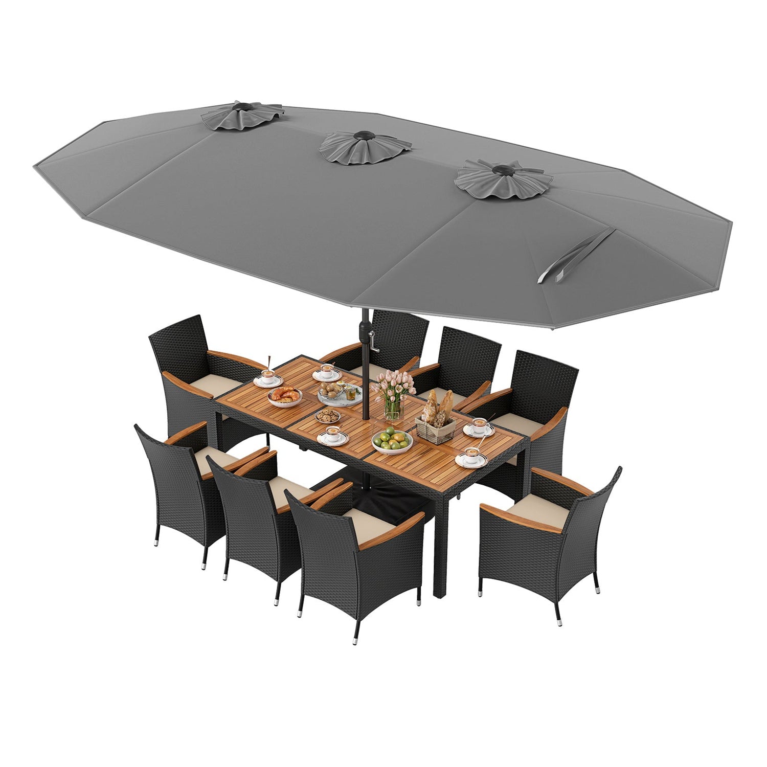 Juego de comedor para exteriores de 10 piezas con sombrilla doble de 4.5 metros