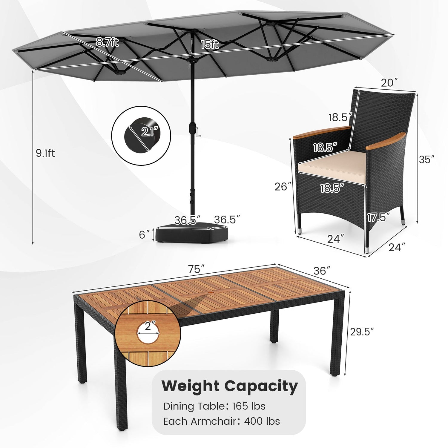 Juego de comedor para exteriores de 10 piezas con sombrilla doble de 4.5 metros