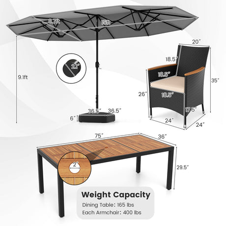 Juego de comedor para exteriores de 10 piezas con sombrilla doble de 4.5 metros