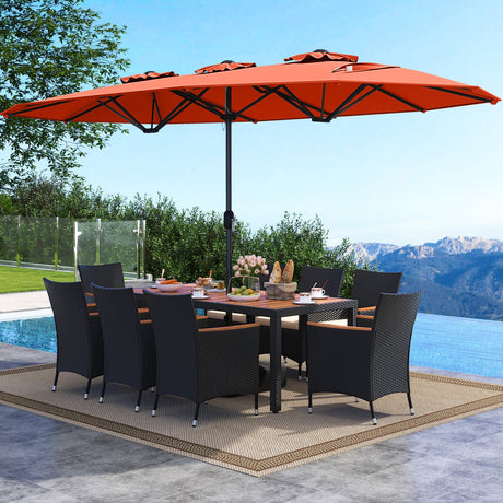 Juego de comedor para exteriores de 10 piezas con sombrilla doble de 4.5 metros