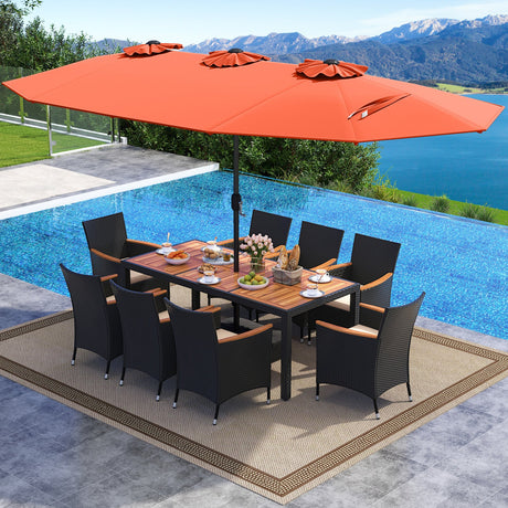 Juego de comedor para exteriores de 10 piezas con sombrilla doble de 4.5 metros