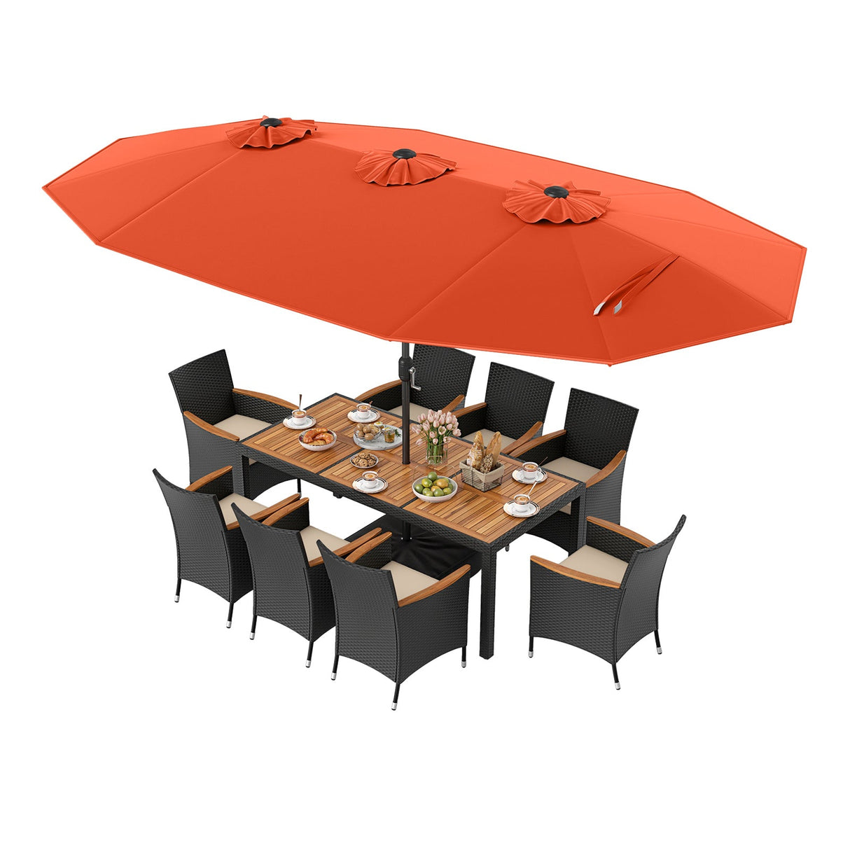 Juego de comedor para exteriores de 10 piezas con sombrilla doble de 4.5 metros