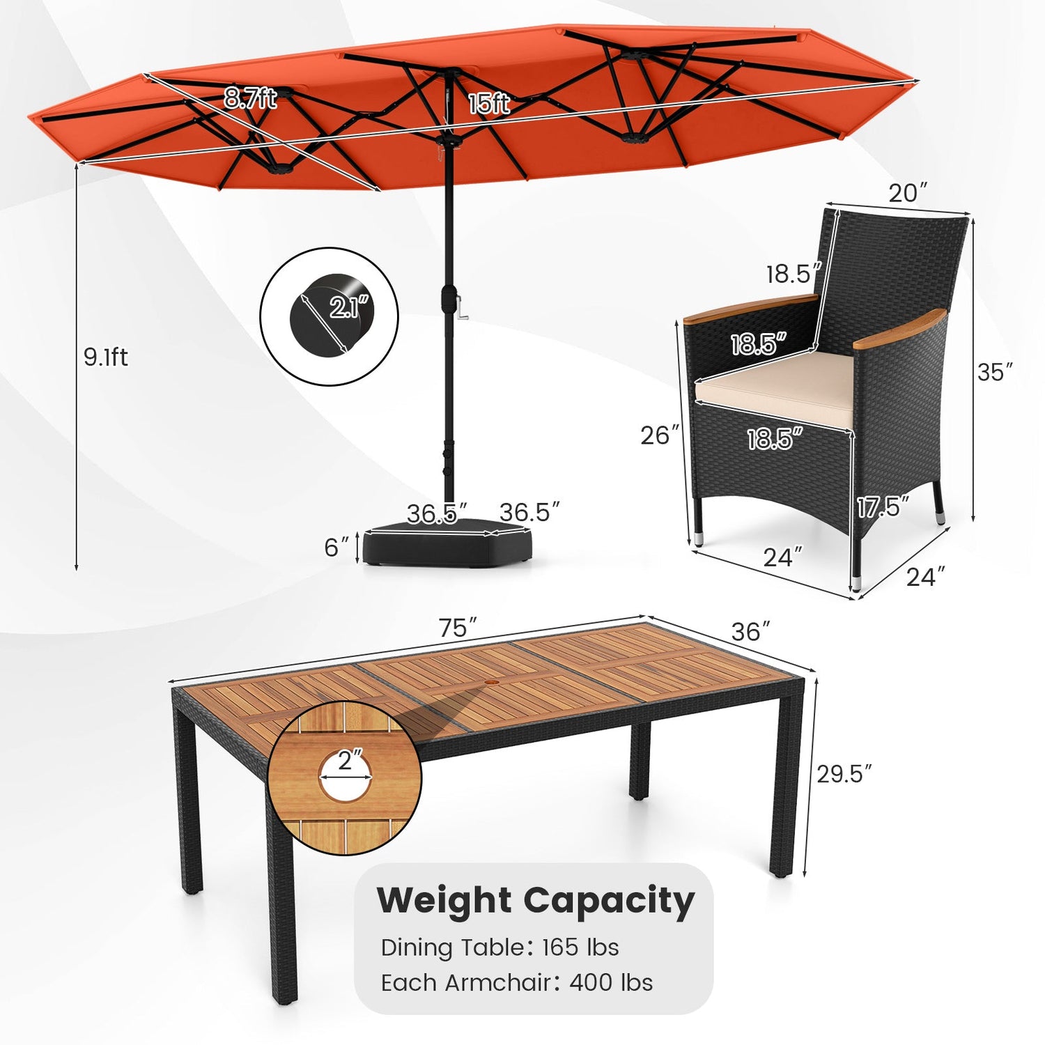 Juego de comedor para exteriores de 10 piezas con sombrilla doble de 4.5 metros