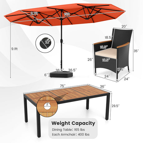 Juego de comedor para exteriores de 10 piezas con sombrilla doble de 4.5 metros